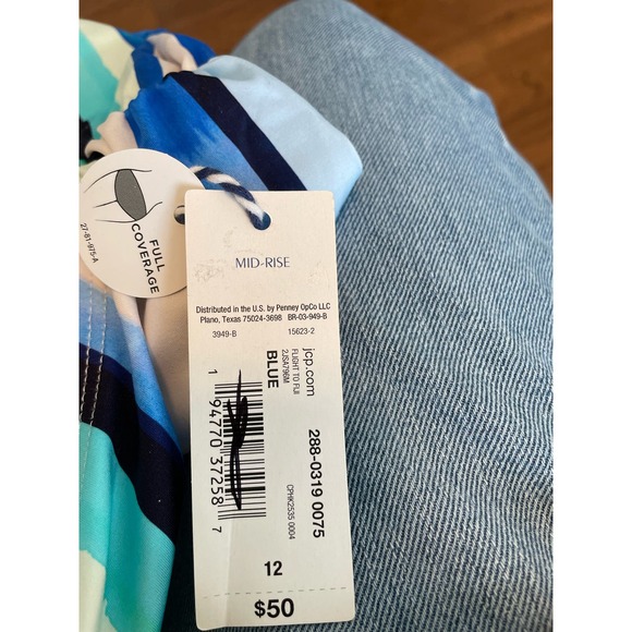 Sonnett Shores Mid Rise Full Coverage bikini bottom blue white  ruched Size 12 - Picture 5 of 7